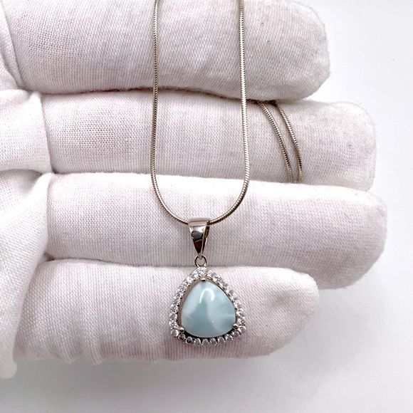 Trillion Shape Natural Larimar & Cz .925 Sterling Silver Necklace